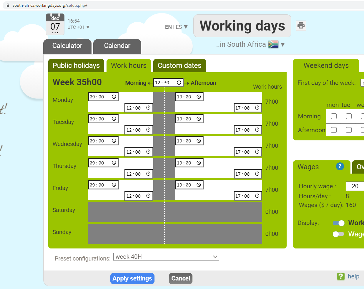 screenshot add working hours 